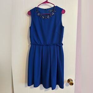 Royal blue dress with gorgeous jewel neckline detailing